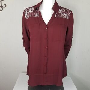 Express Lace Embellished Button‎ Front Maroon Top